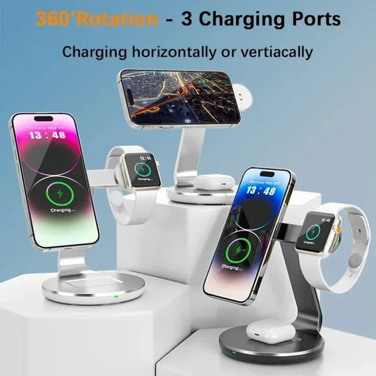 3 In 1 Magnetic Wireless Charger Stand Desk Fast Charging Station For Magsafe iPhone 16 15 14 13 12 Pro Max iWatch Airpods Pro