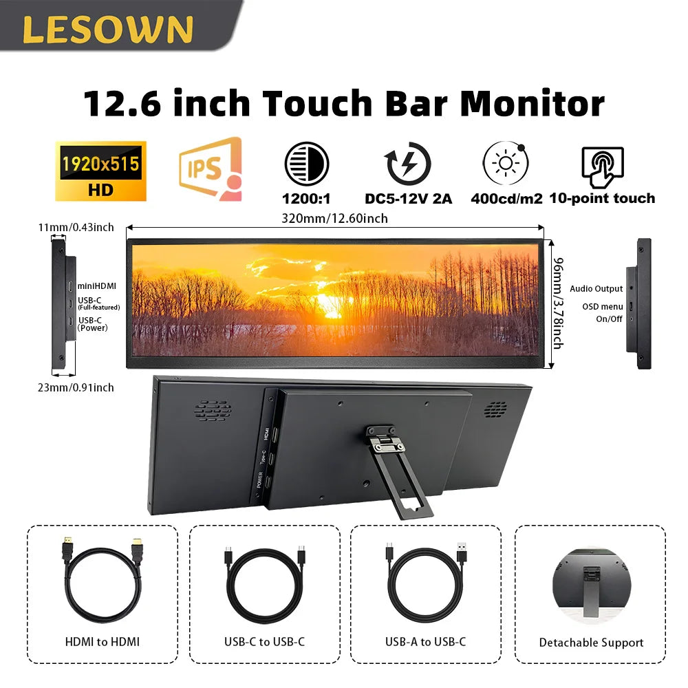 LESOWN Long Bar 12.7 12.6 inch Monitor 120Hz 2880x864 IPS Touch HDMI Type C Sensor Panel LCD Data Ancillary Screen Temp Display