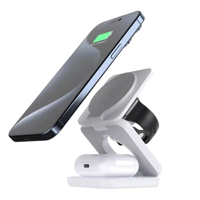 Foldable 3-in-1 Magnetic Charging Station, 15W Fast Wireless Charger Stand for Magsafe, Portable Travel Charging Dock for iPhone