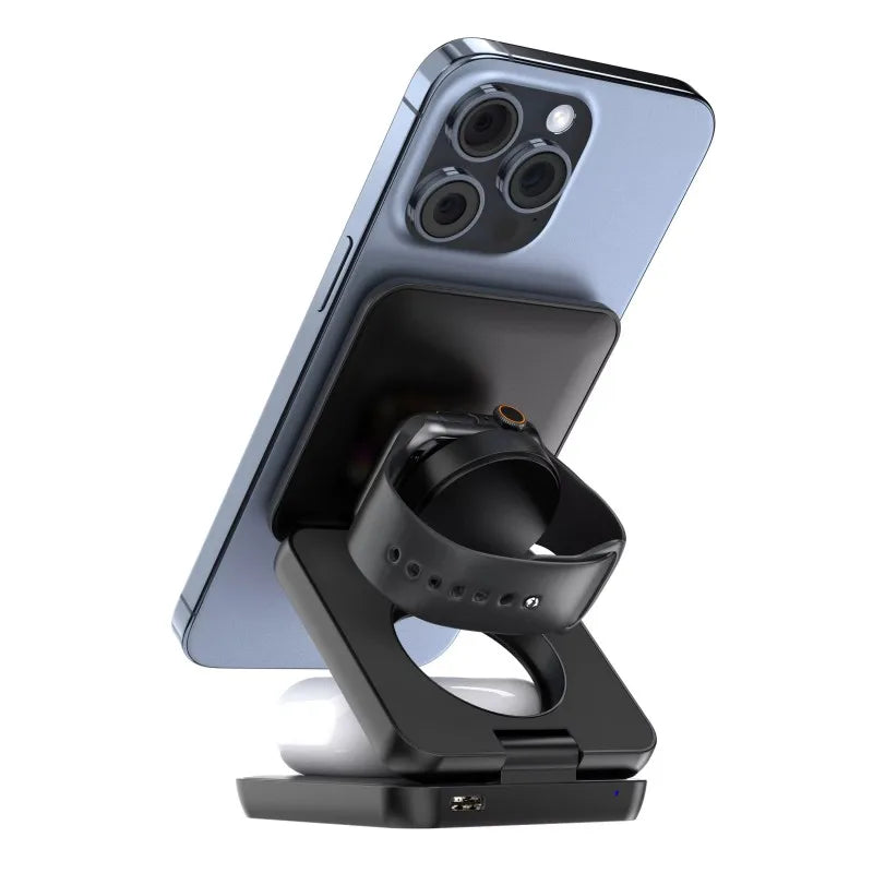 Foldable 3-in-1 Magnetic Charging Station, 15W Fast Wireless Charger Stand for Magsafe, Portable Travel Charging Dock for iPhone