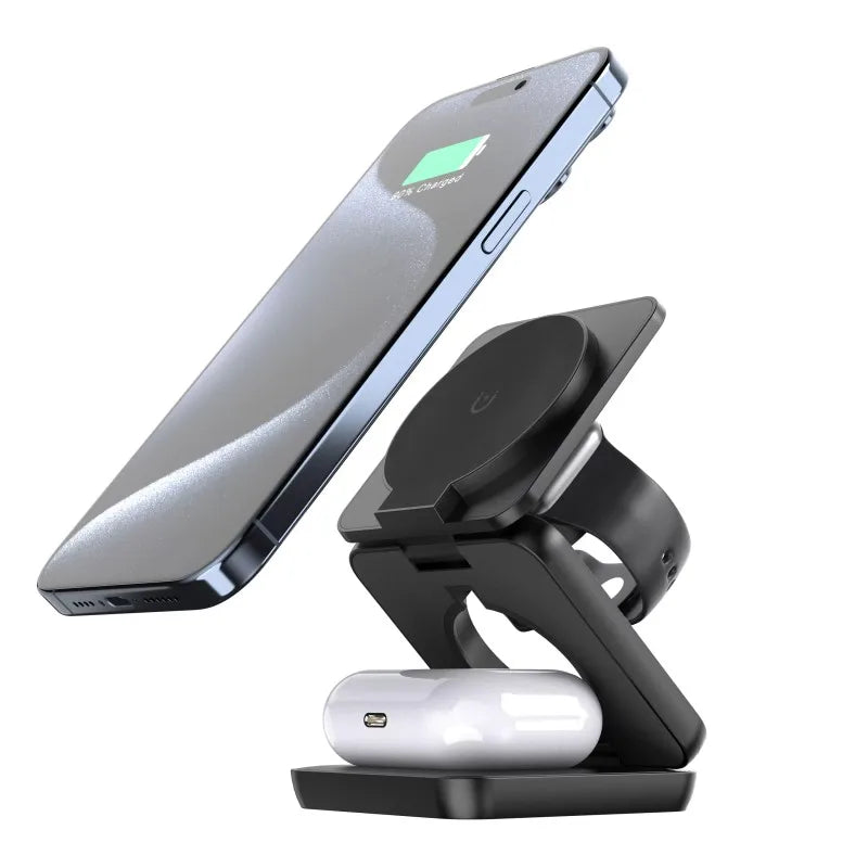 Foldable 3-in-1 Magnetic Charging Station, 15W Fast Wireless Charger Stand for Magsafe, Portable Travel Charging Dock for iPhone