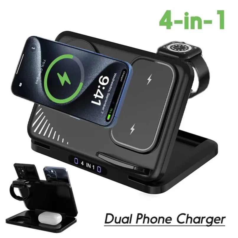 For MagSafe 4 In 1 Dual Phone Wireless Charger Stand Fast Charging Station For iPhone iWatch AirPods Office Charging Accessory
