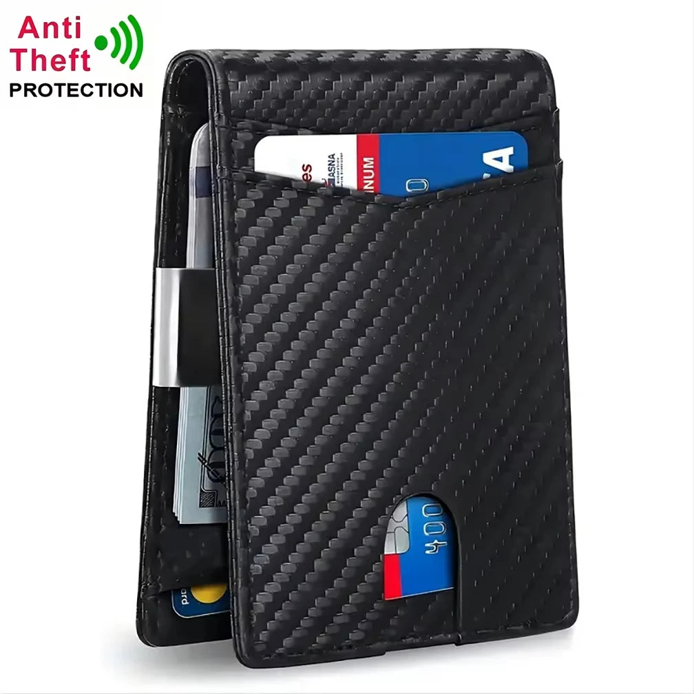 Slim Carbon Fiber Wallet for Men RFID Blocking Minimalist Credit Card Holder Metal Money Clip Thin Bifold Wallet