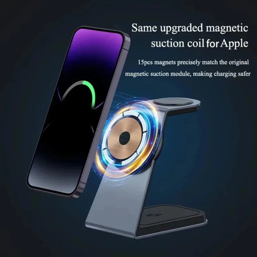 3 In 1 Metal Magnetic Wireless Charger Stand For Magsafe iPhone 16 15 14 Pro Max iWatch 1-10 Fast Charging Station Phone Holder