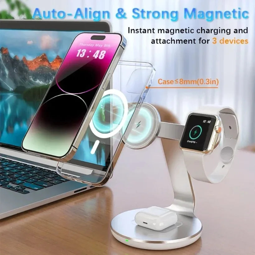 3 In 1 Magnetic Wireless Charger Stand Desk Fast Charging Station For Magsafe iPhone 16 15 14 13 12 Pro Max iWatch Airpods Pro