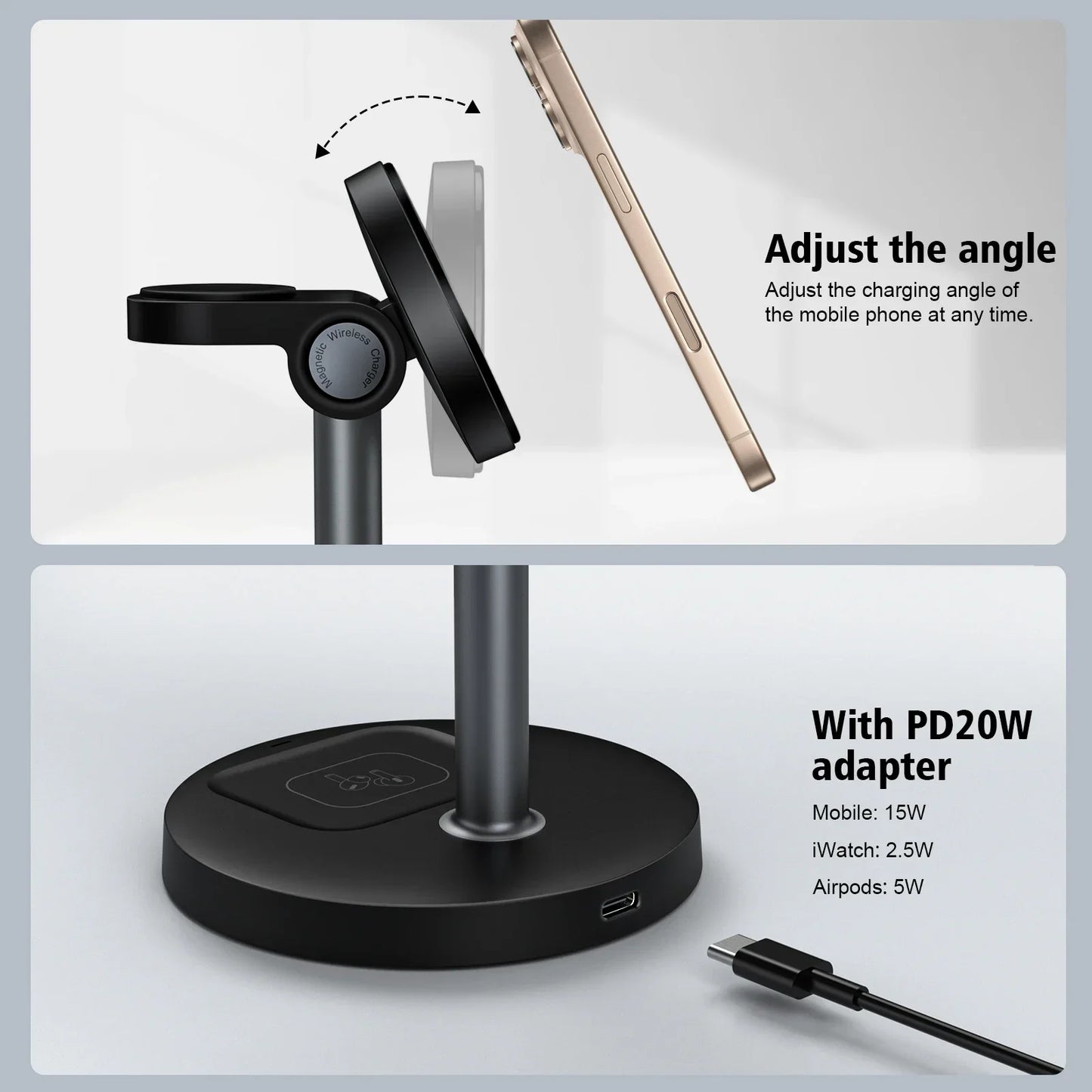 15W Magnetic Fast Charging Stand For Magsafe iPhone 16/15/14/13/12 Pro Max  iWatch 10/9/8/7 AirPods Pro 3 in 1 Wireless Charger