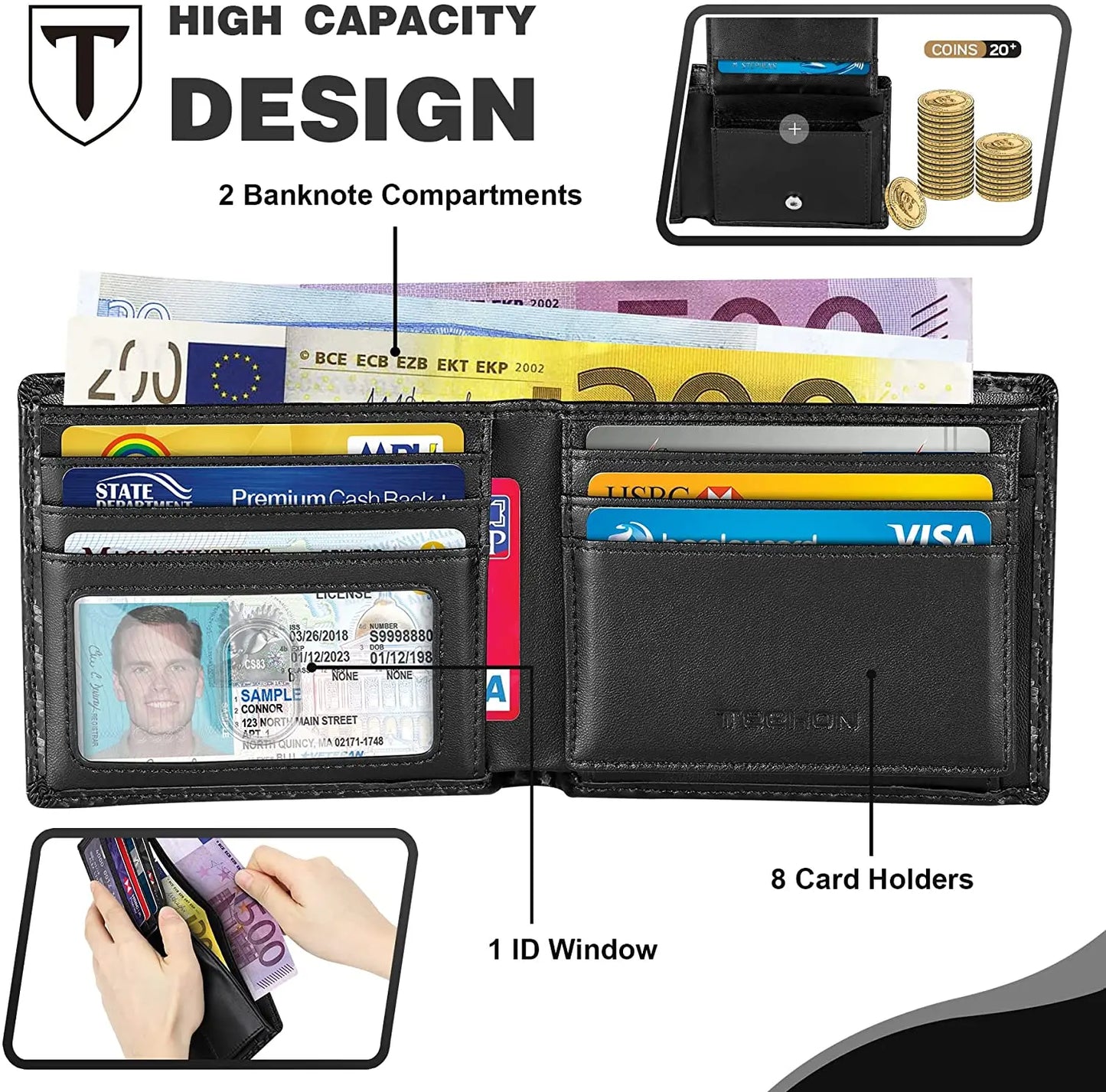 Slim Minimalist Tri-Fold Wallet Carbon Fiber RFID Blocking Men's Wallet With ID Window and 8 Card Slots