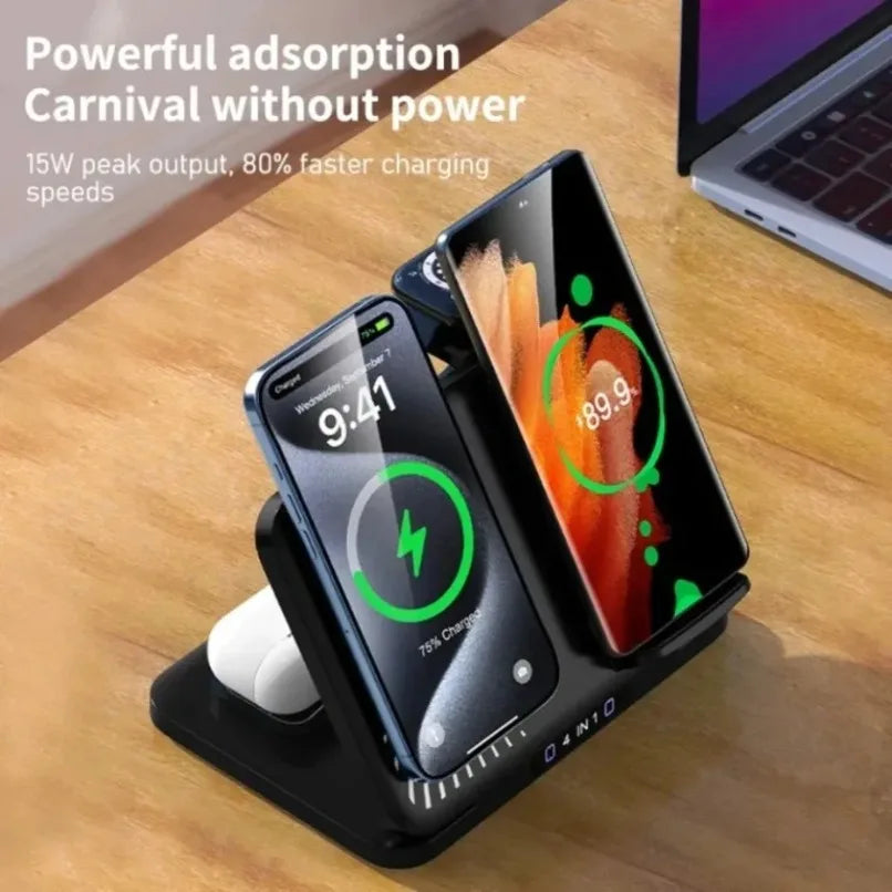 For MagSafe 4 In 1 Dual Phone Wireless Charger Stand Fast Charging Station For iPhone iWatch AirPods Office Charging Accessory