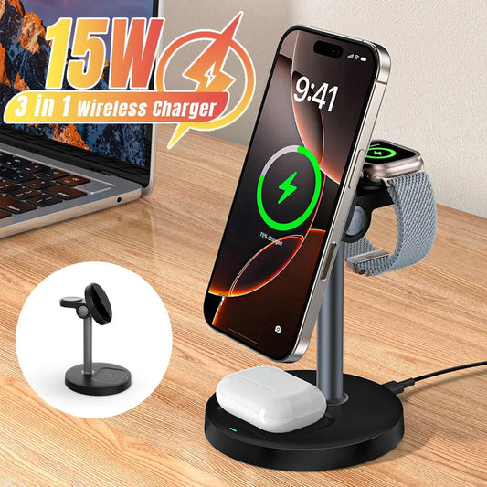 15W Magnetic Fast Charging Stand For Magsafe iPhone 16/15/14/13/12 Pro Max  iWatch 10/9/8/7 AirPods Pro 3 in 1 Wireless Charger