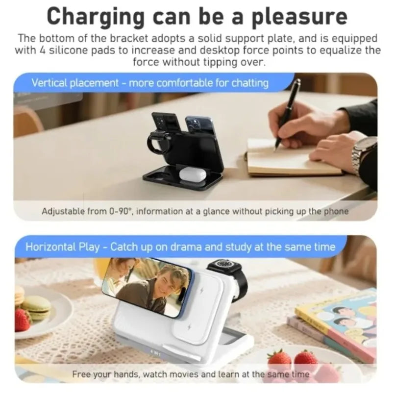 For MagSafe 4 In 1 Dual Phone Wireless Charger Stand Fast Charging Station For iPhone iWatch AirPods Office Charging Accessory