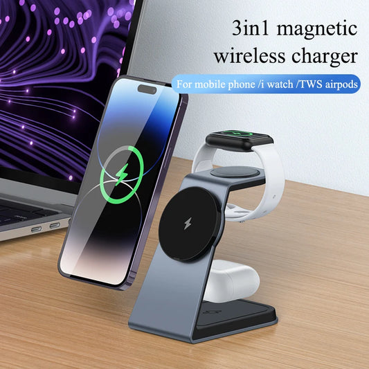 3 In 1 Metal Magnetic Wireless Charger Stand For Magsafe iPhone 16 15 14 Pro Max iWatch 1-10 Fast Charging Station Phone Holder