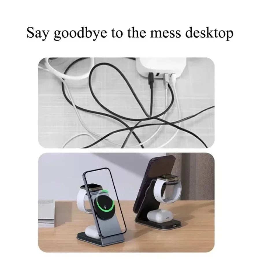 3 In 1 Metal Magnetic Wireless Charger Stand For Magsafe iPhone 16 15 14 Pro Max iWatch 1-10 Fast Charging Station Phone Holder