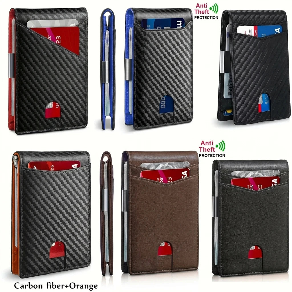Slim Carbon Fiber Wallet for Men RFID Blocking Minimalist Credit Card Holder Metal Money Clip Thin Bifold Wallet