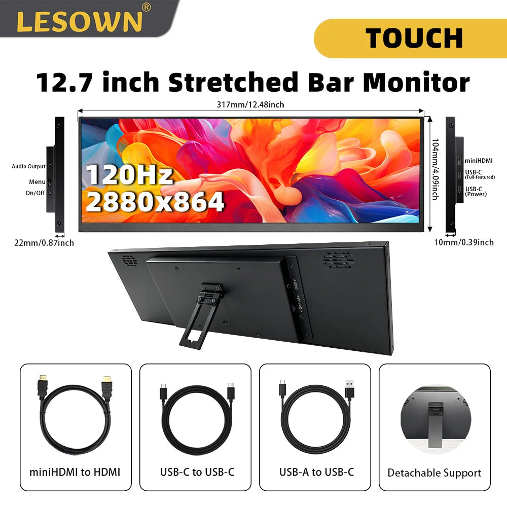 LESOWN Long Bar 12.7 12.6 inch Monitor 120Hz 2880x864 IPS Touch HDMI Type C Sensor Panel LCD Data Ancillary Screen Temp Display