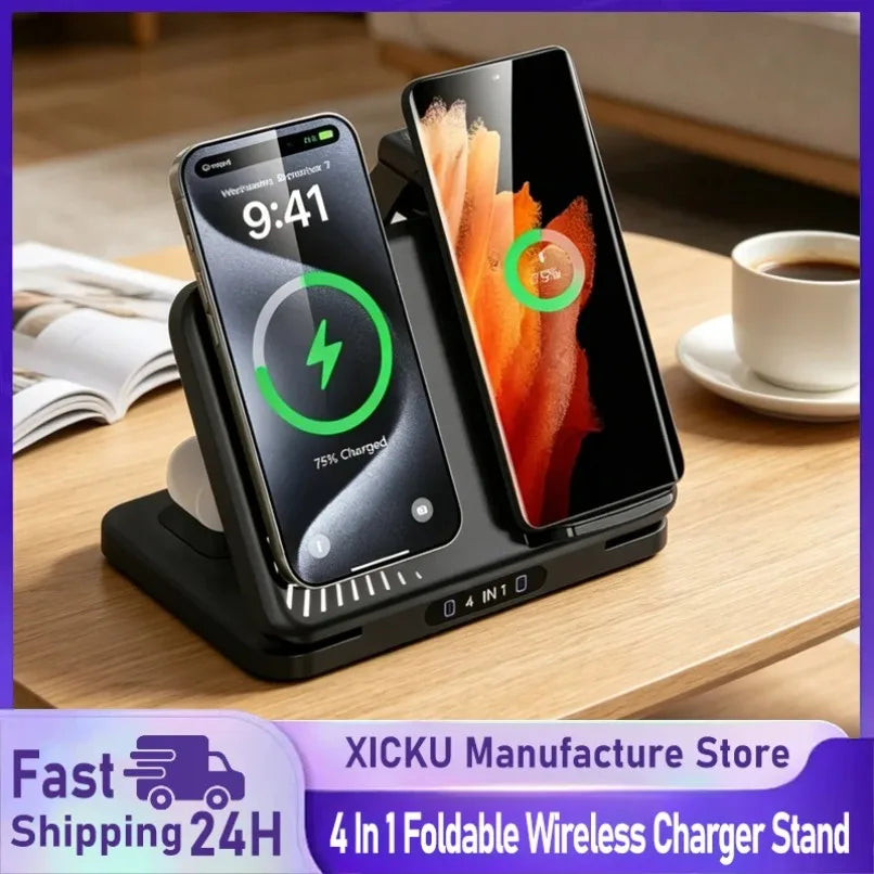 For MagSafe 4 In 1 Dual Phone Wireless Charger Stand Fast Charging Station For iPhone iWatch AirPods Office Charging Accessory