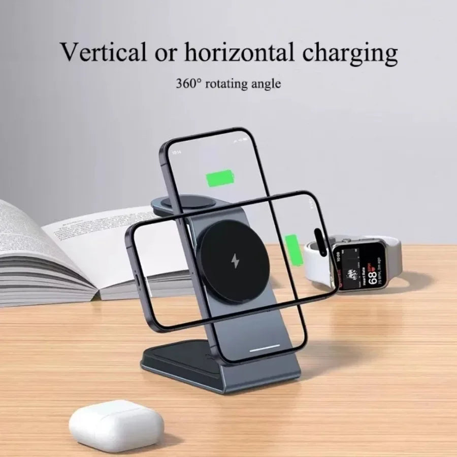 3 In 1 Metal Magnetic Wireless Charger Stand For Magsafe iPhone 16 15 14 Pro Max iWatch 1-10 Fast Charging Station Phone Holder