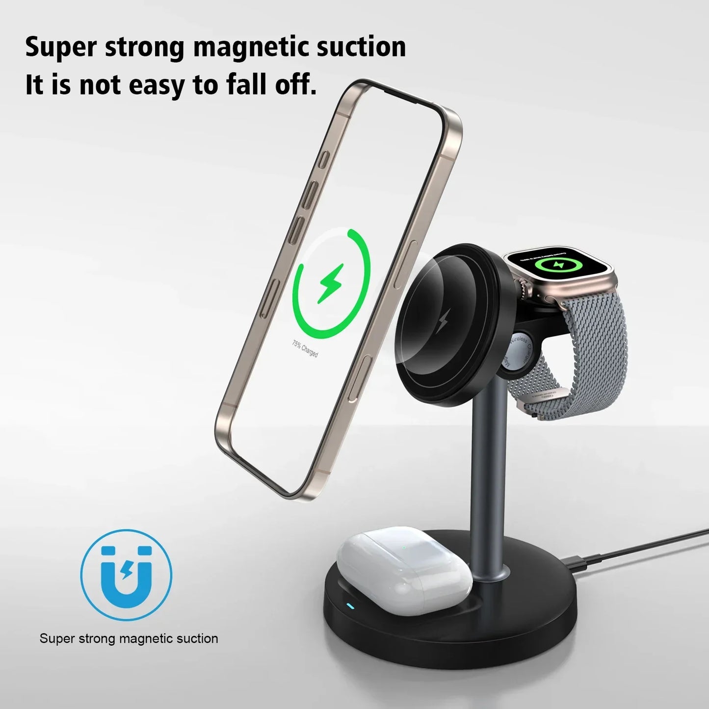 15W Magnetic Fast Charging Stand For Magsafe iPhone 16/15/14/13/12 Pro Max  iWatch 10/9/8/7 AirPods Pro 3 in 1 Wireless Charger