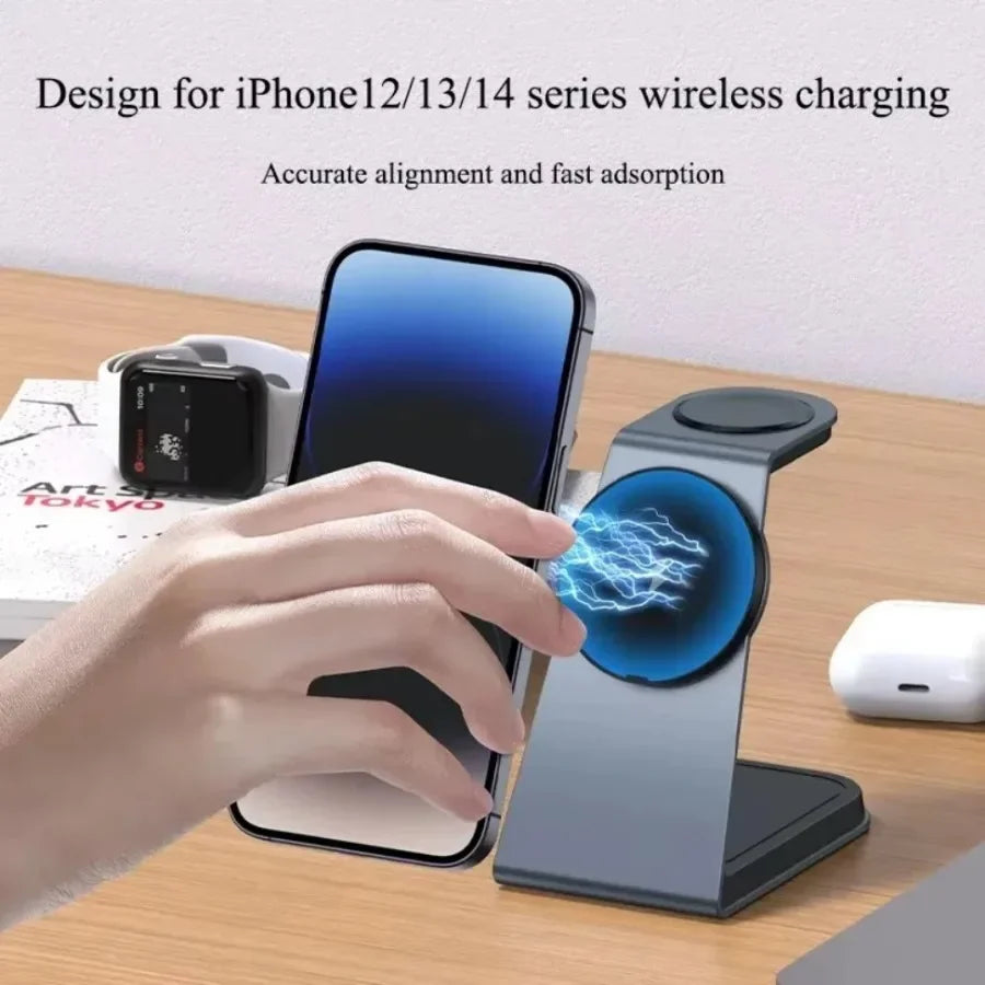 3 In 1 Metal Magnetic Wireless Charger Stand For Magsafe iPhone 16 15 14 Pro Max iWatch 1-10 Fast Charging Station Phone Holder
