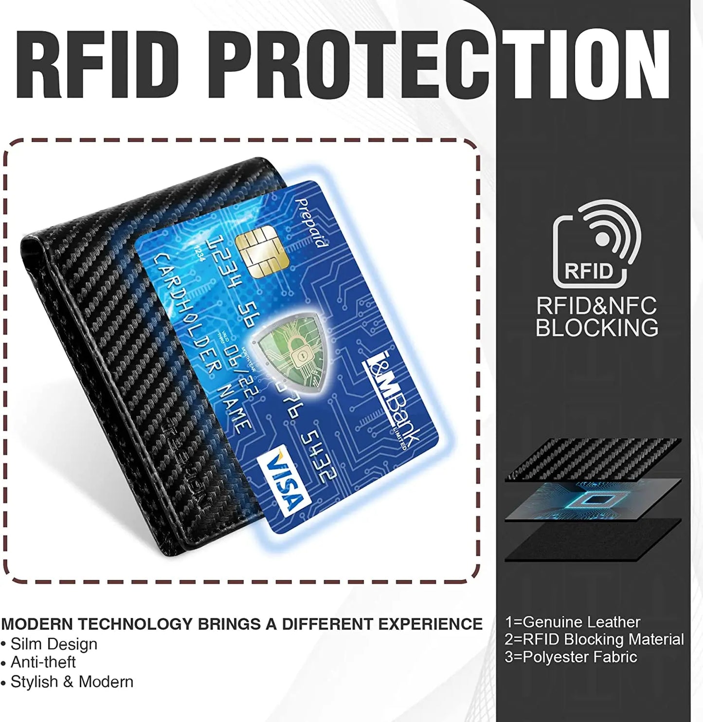 Slim Minimalist Tri-Fold Wallet Carbon Fiber RFID Blocking Men's Wallet With ID Window and 8 Card Slots