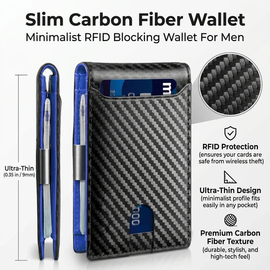 Slim Carbon Fiber Wallet for Men RFID Blocking Minimalist Credit Card Holder Metal Money Clip Thin Bifold Wallet