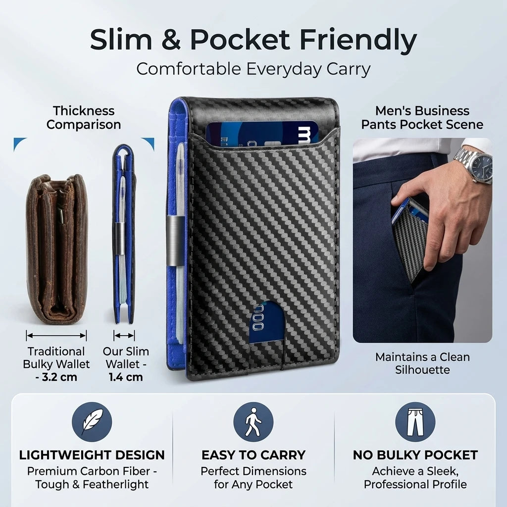 Slim Carbon Fiber Wallet for Men RFID Blocking Minimalist Credit Card Holder Metal Money Clip Thin Bifold Wallet