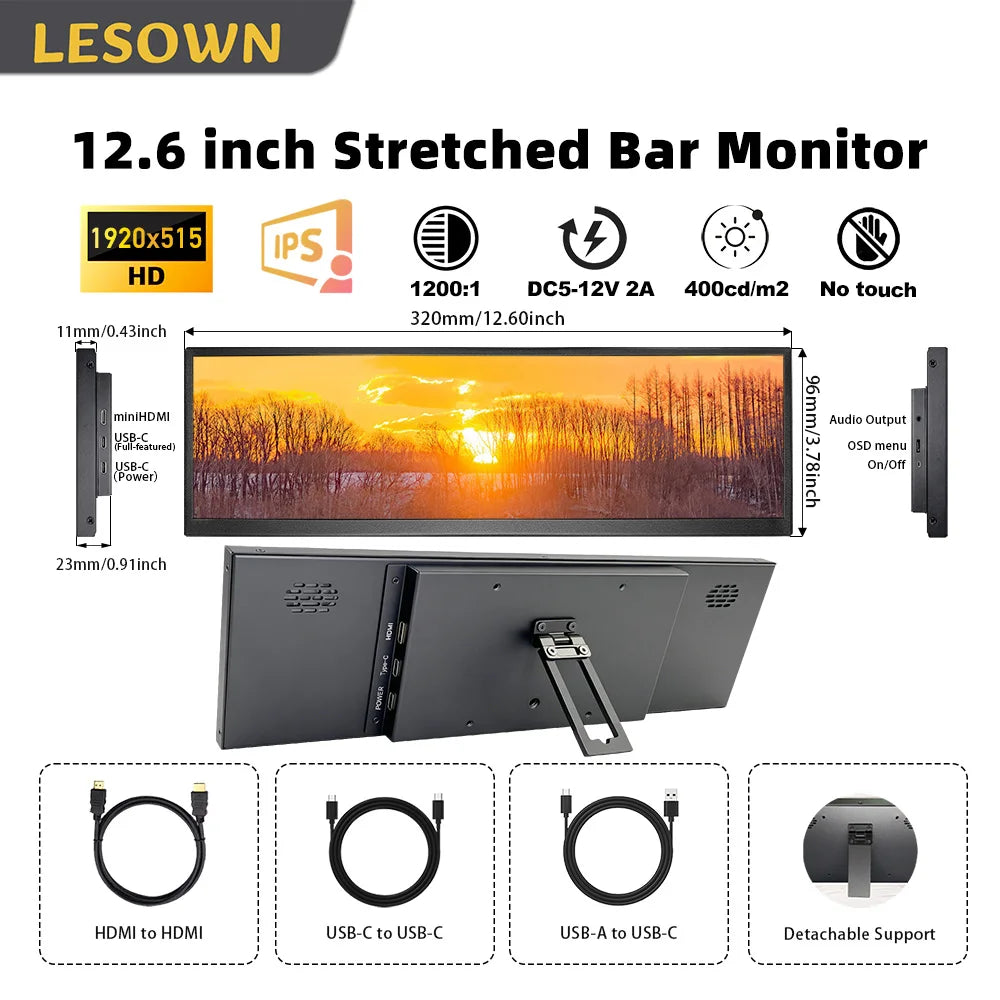 LESOWN Long Bar 12.7 12.6 inch Monitor 120Hz 2880x864 IPS Touch HDMI Type C Sensor Panel LCD Data Ancillary Screen Temp Display